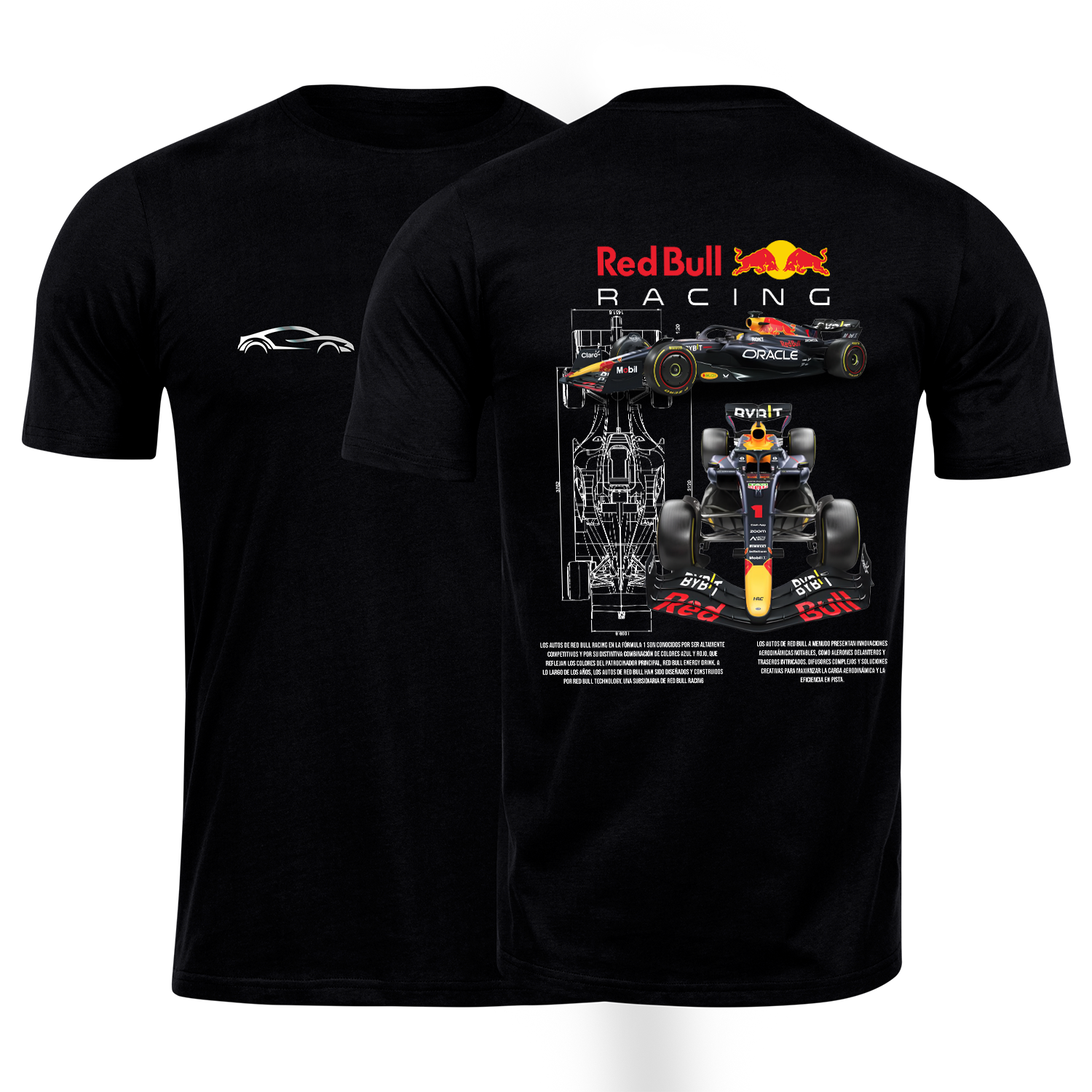 Playera negra algodón cuello redondo, coches clásicos de carreras, diseño Red Bull Racing