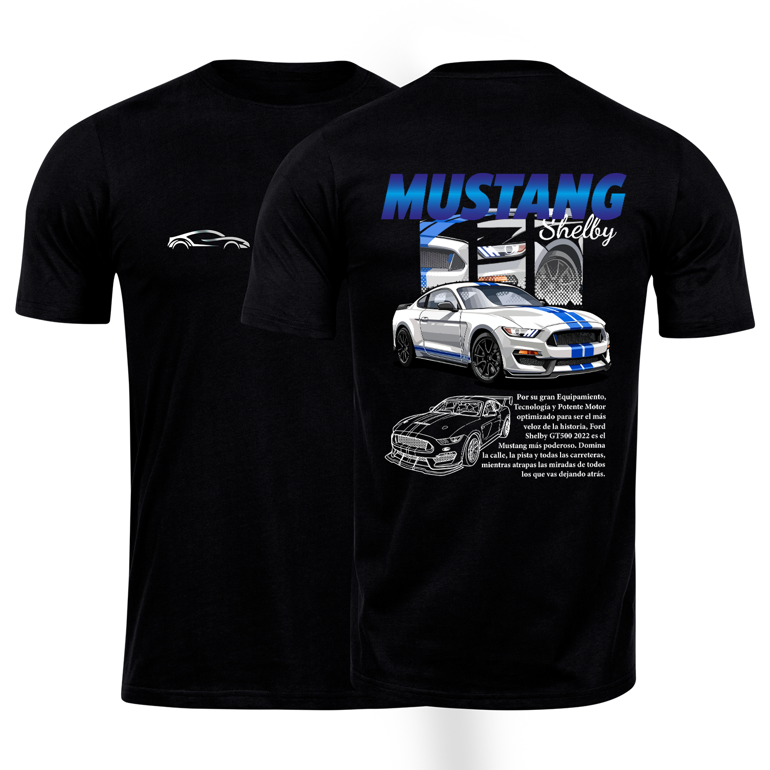 Playera negra algodón cuello redondo, coches clásicos de carreras, diseño Mustang Shelby