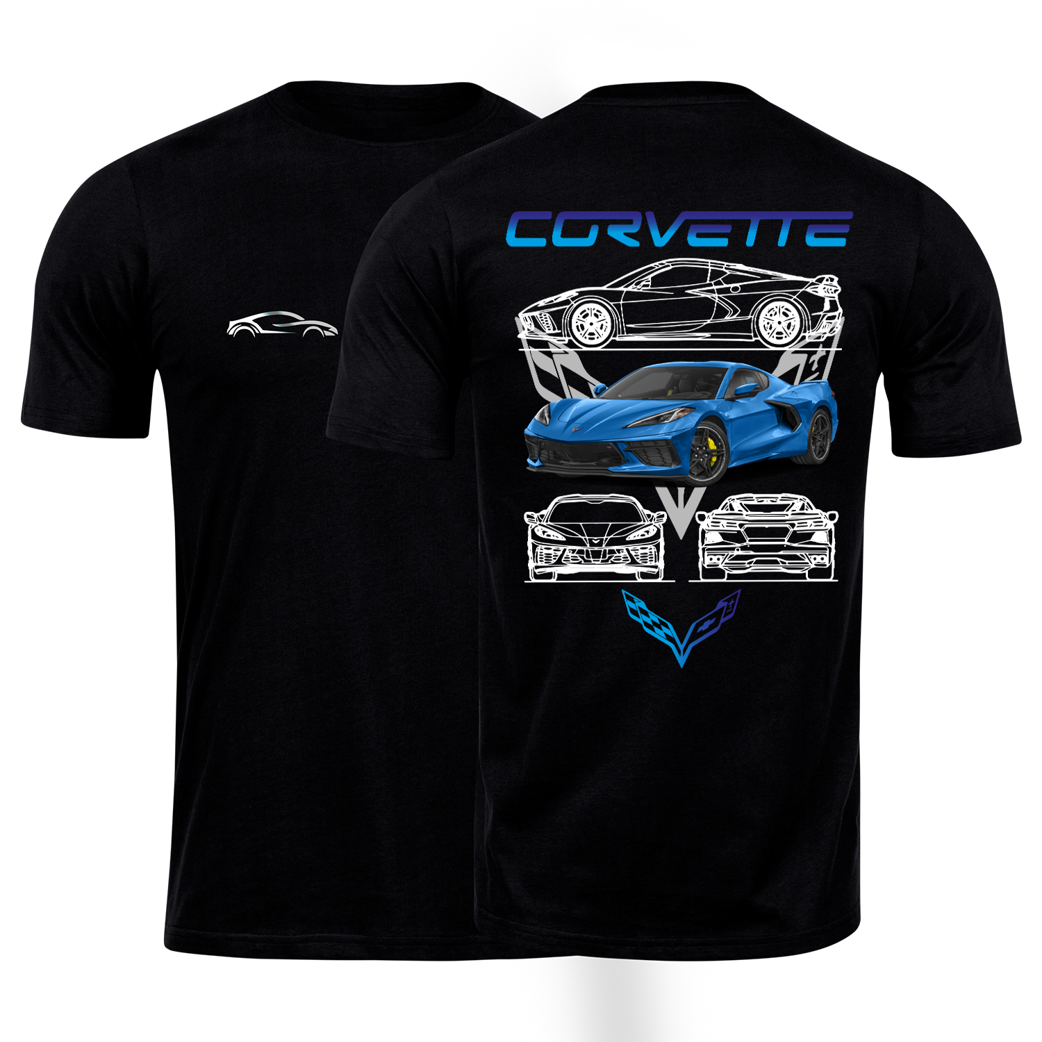 Playera negra algodón cuello redondo, coches clásicos de carreras, diseño Corvette