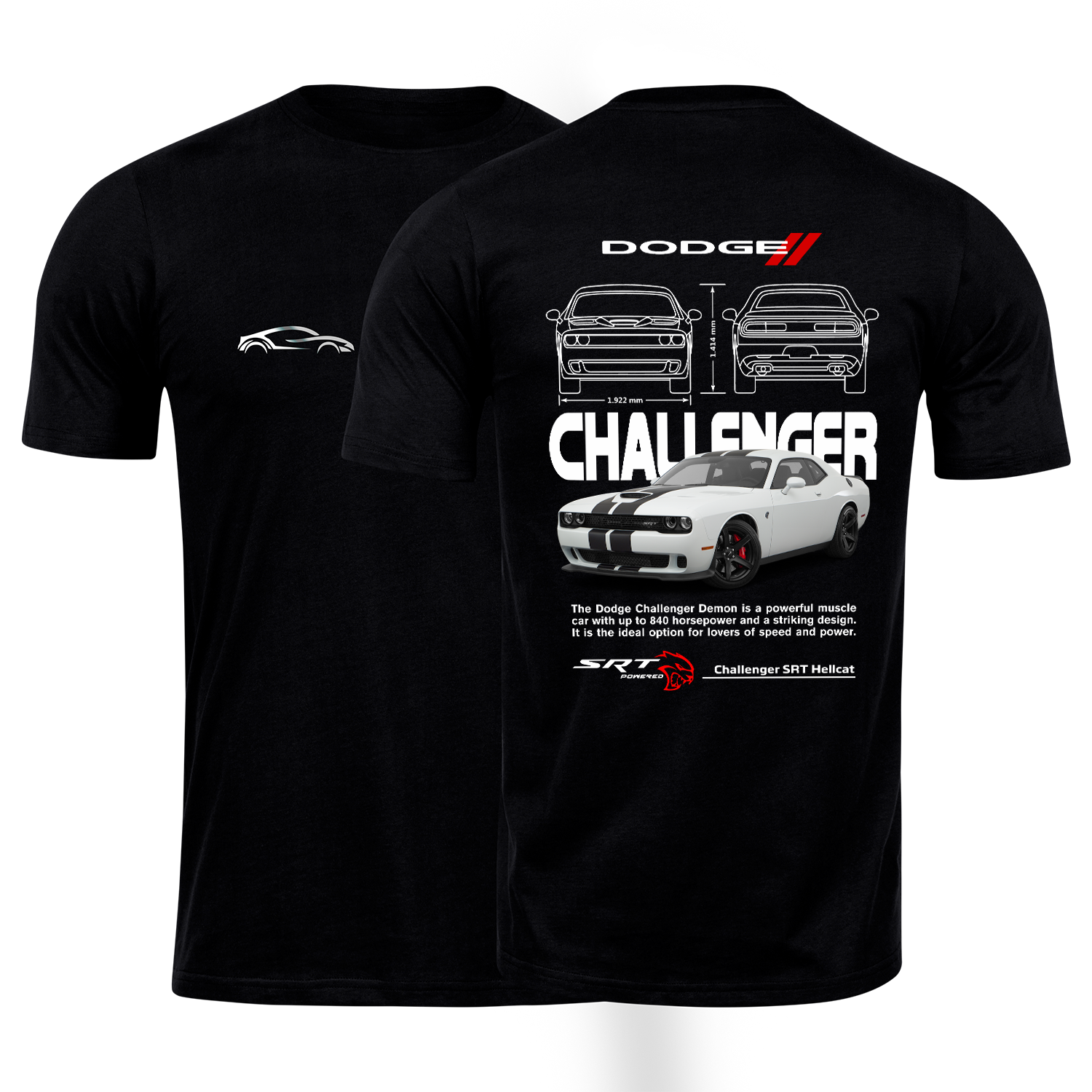 Playera negra algodón cuello redondo, coches clásicos de carreras, diseño Challenger