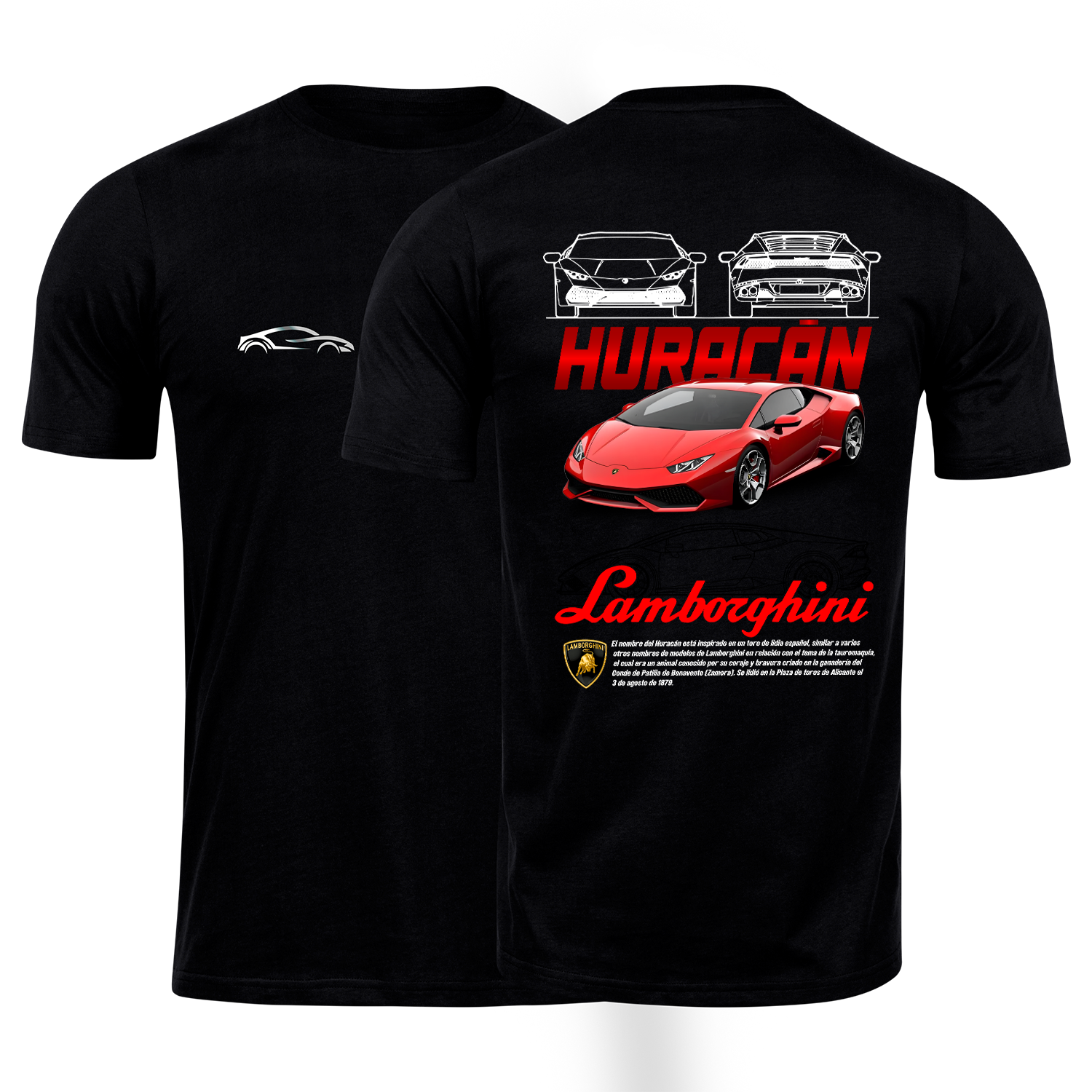 Playera negra algodón cuello redondo, coches clásicos de carreras, diseño Lamborghini