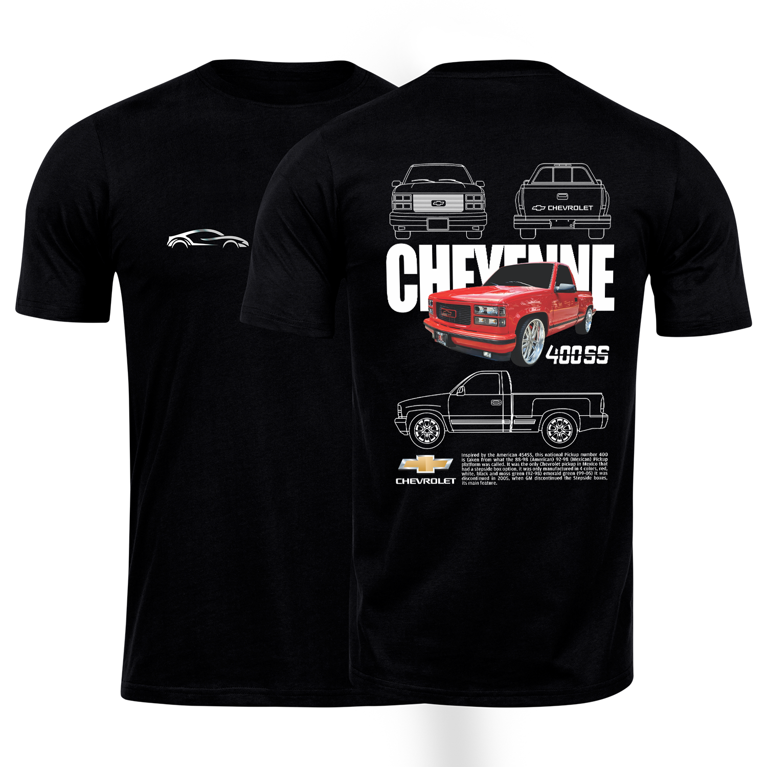 Playera negra algodón cuello redondo, coches clásicos de carreras, diseño Chevrolet Cheyenne