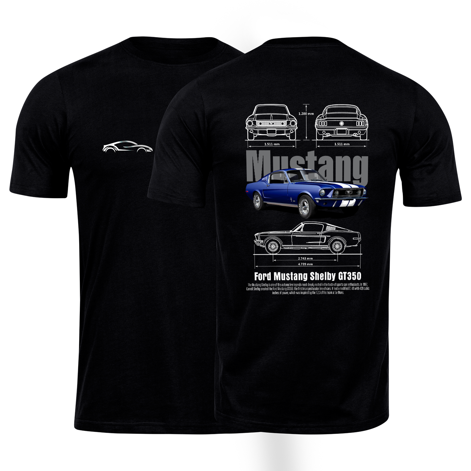 Playera negra algodón cuello redondo, coches clásicos de carreras, diseño Ford Mustang