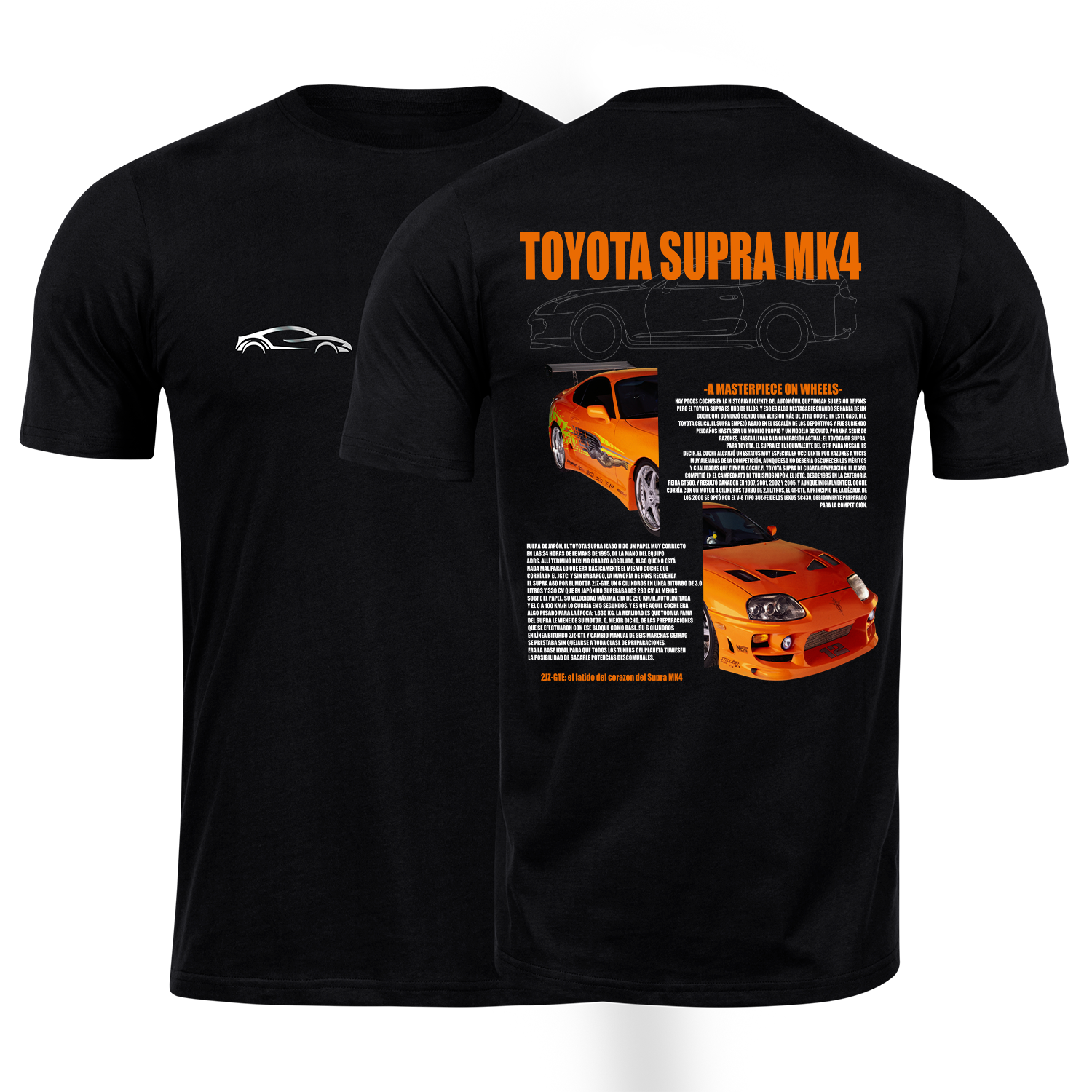 Playera negra algodón cuello redondo, coches clásicos de carreras, diseño Toyota Supra MK4