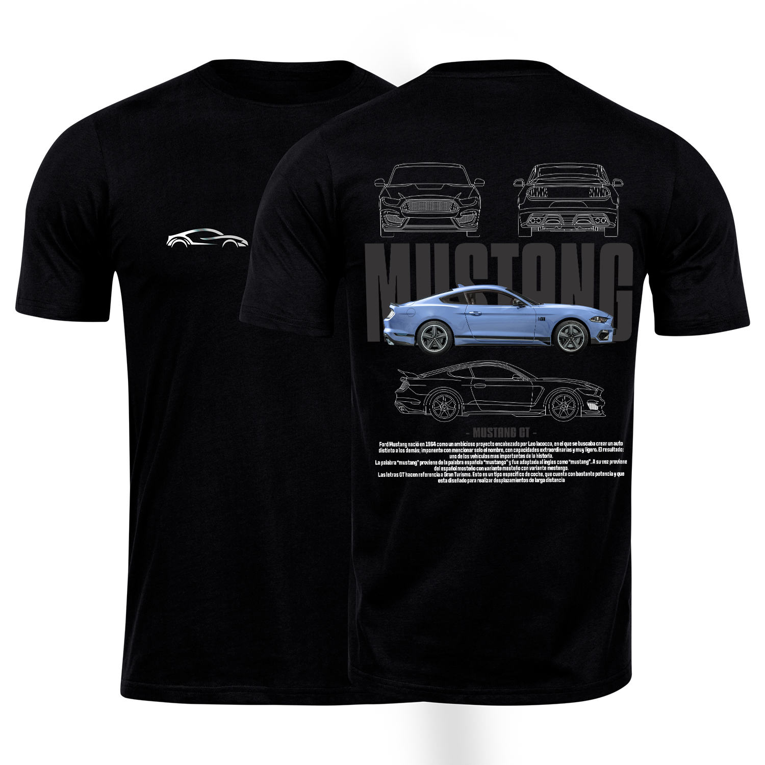 Playera negra algodón cuello redondo, coches clásicos de carreras, diseño Mustang