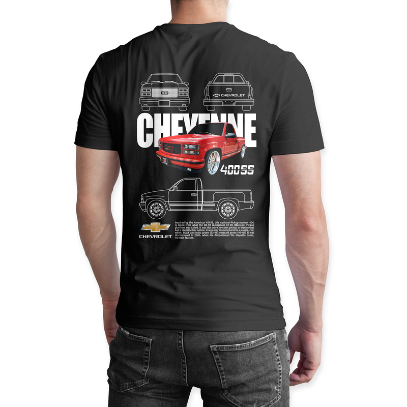 Playera negra algodón cuello redondo, coches clásicos de carreras, diseño Chevrolet Cheyenne