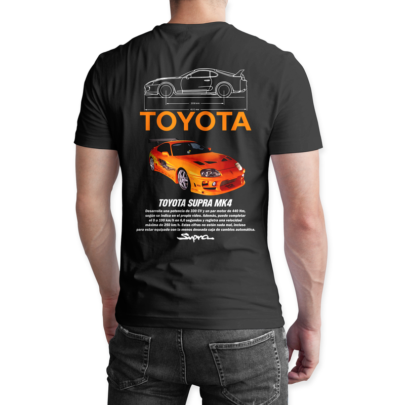 Playera negra algodón cuello redondo, coches clásicos de carreras, diseño Toyota Supra