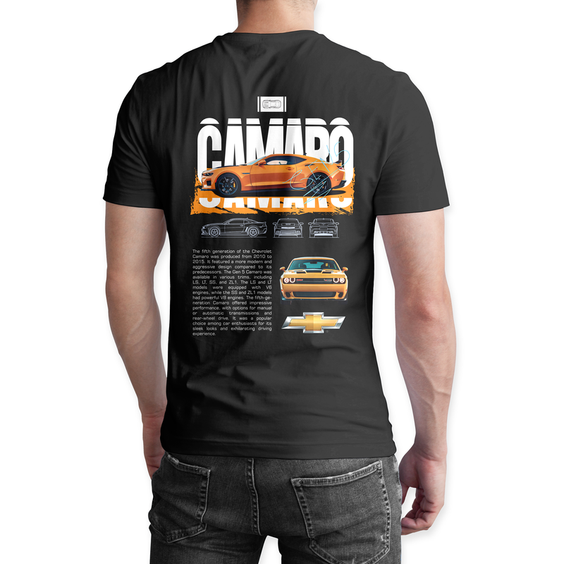 Playera negra algodón cuello redondo, coches clásicos de carreras, diseño Camaro