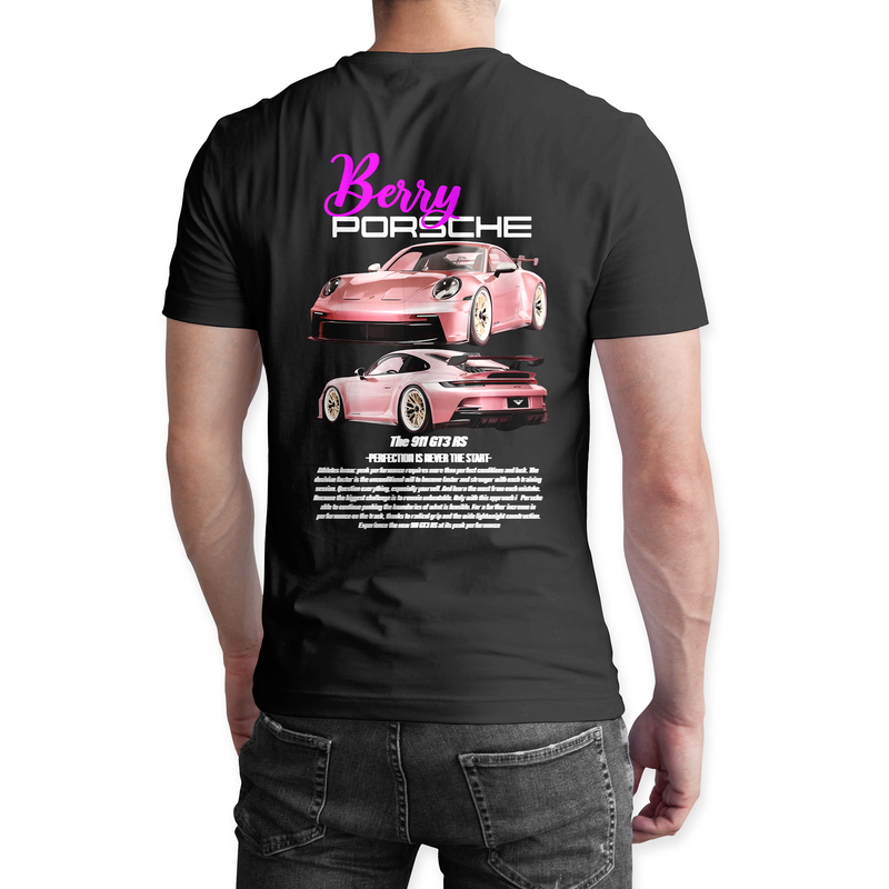 Playera negra algodón cuello redondo, coches clásicos de carreras, diseño Porsche Berry