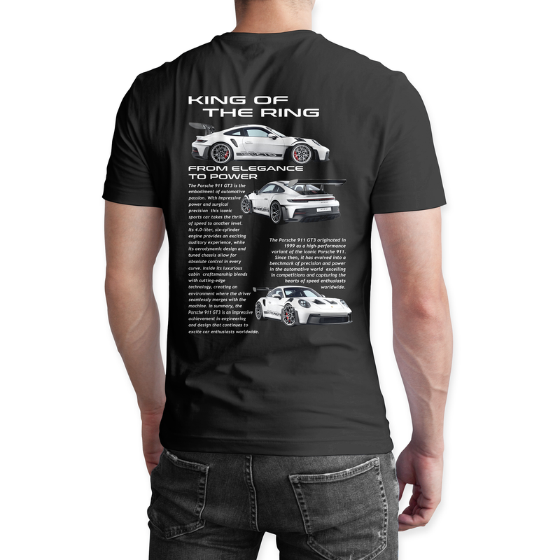 Playera negra algodón cuello redondo, coches clásicos de carreras, diseño Kink of the Ring