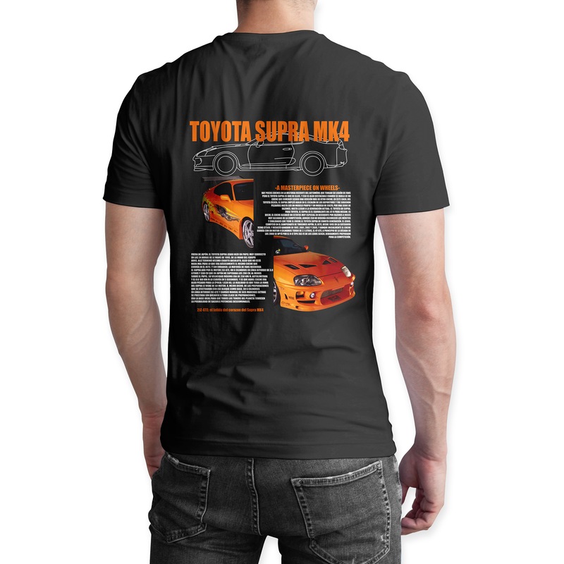 Playera negra algodón cuello redondo, coches clásicos de carreras, diseño Toyota Supra MK4