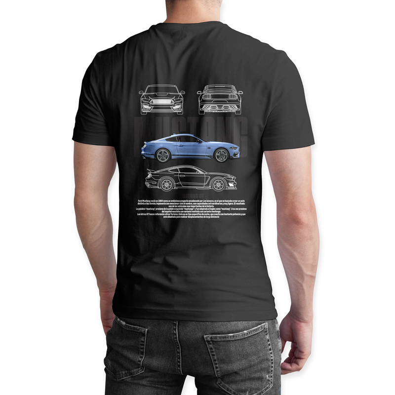 Playera negra algodón cuello redondo, coches clásicos de carreras, diseño Mustang