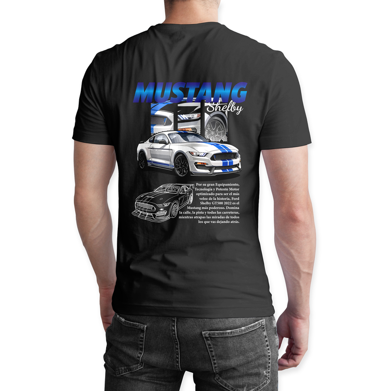 Playera negra algodón cuello redondo, coches clásicos de carreras, diseño Mustang Shelby