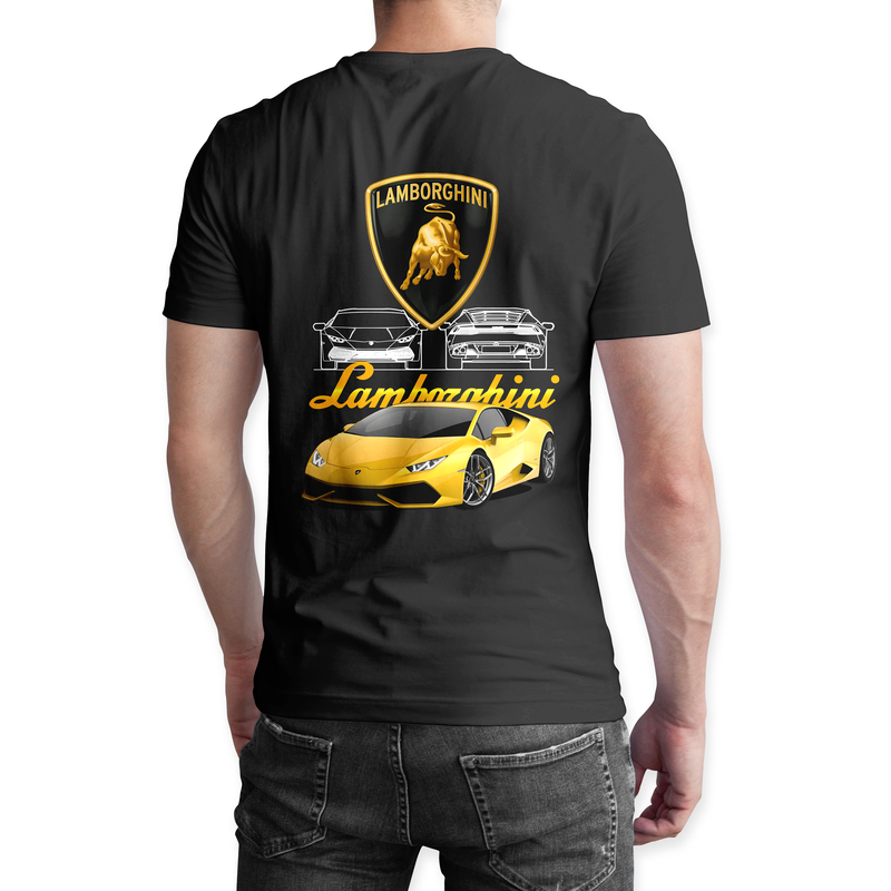 Playera negra algodón cuello redondo, coches clásicos de carreras, diseño Lamborghini