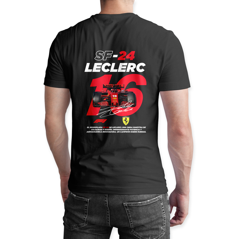 Playera negra algodón cuello redondo, coches clásicos de carreras, diseño Leclerc