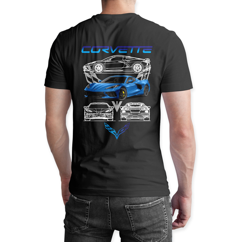 Playera negra algodón cuello redondo, coches clásicos de carreras, diseño Corvette