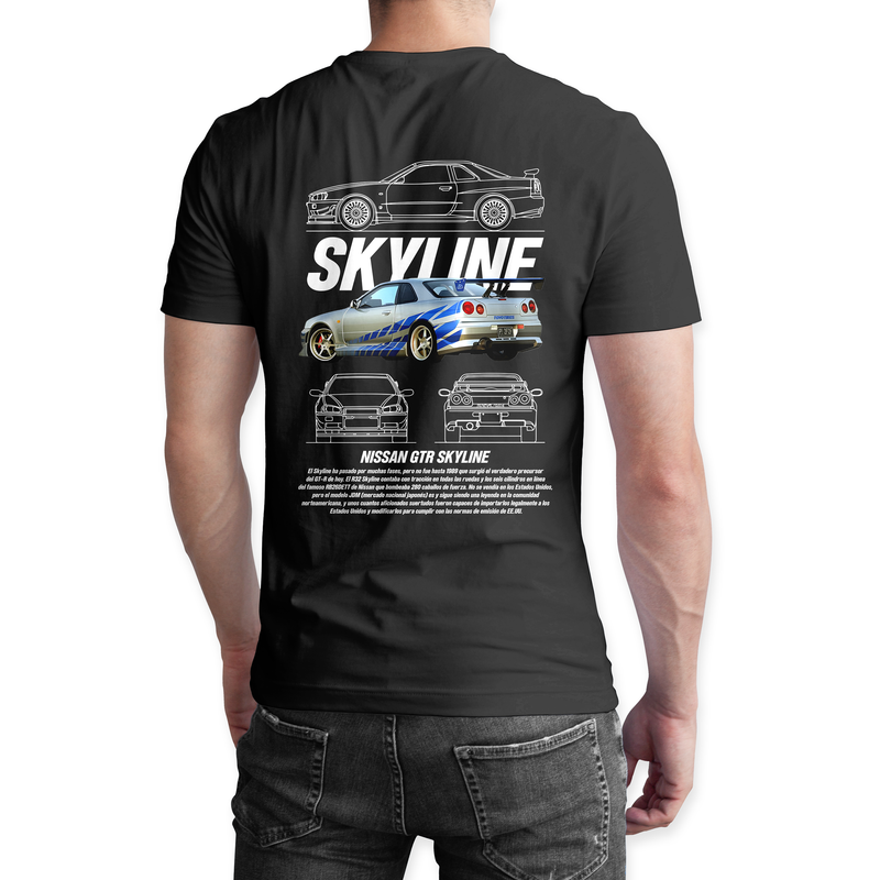 Playera negra algodón cuello redondo, coches clásicos de carreras, diseño Skyline