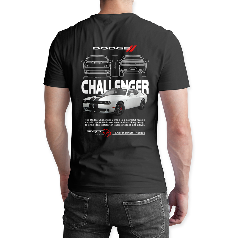 Playera negra algodón cuello redondo, coches clásicos de carreras, diseño Challenger