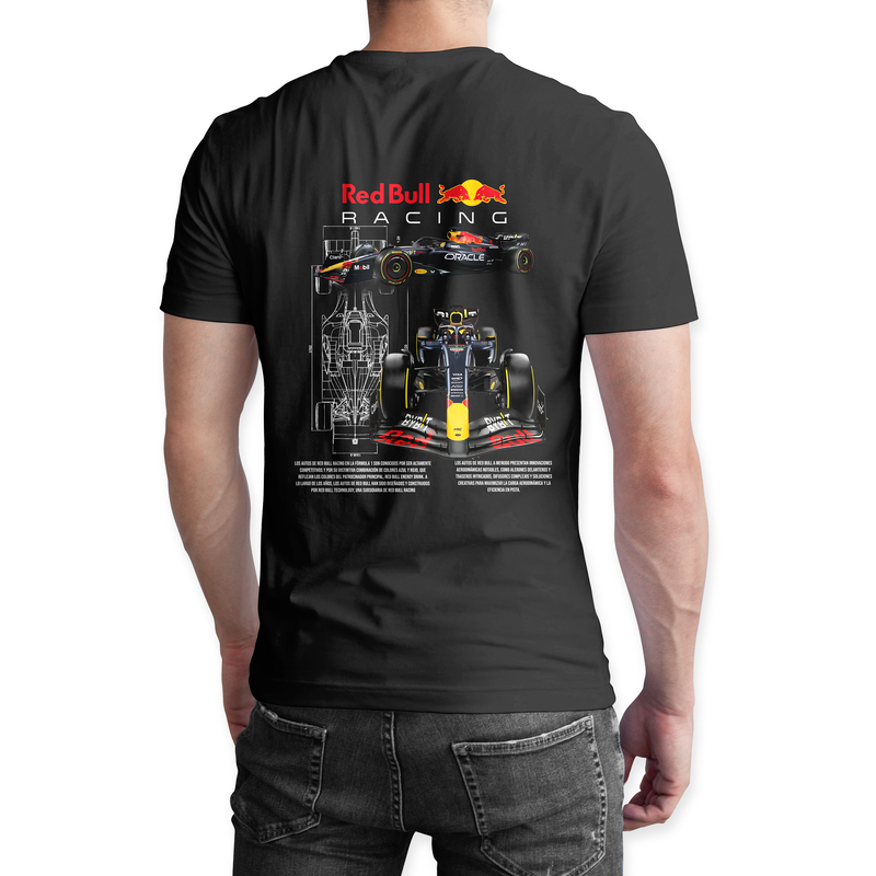 Playera negra algodón cuello redondo, coches clásicos de carreras, diseño Red Bull Racing