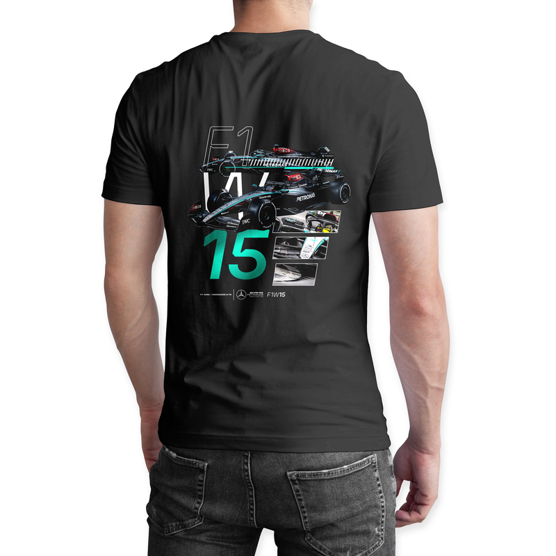 Playera negra algodón cuello redondo, coches clásicos de carreras, diseño W15