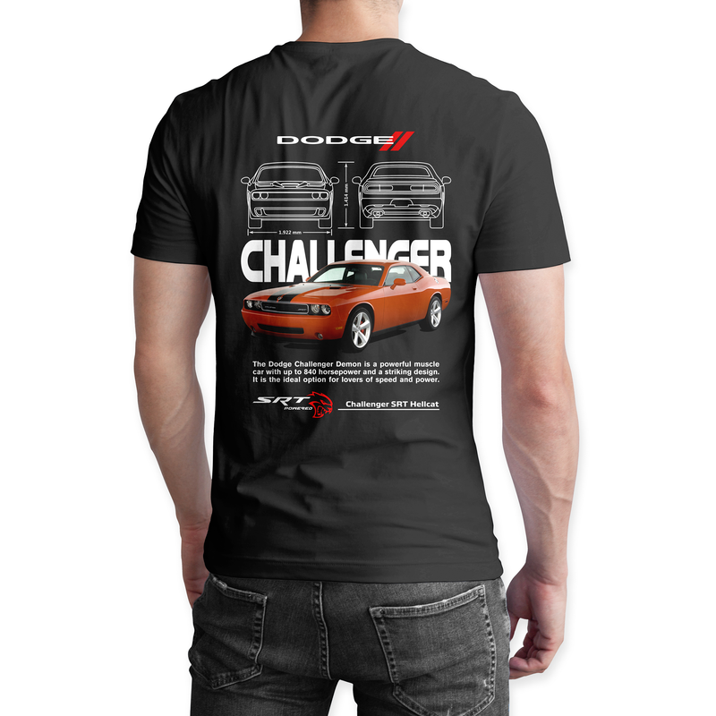 Playera negra algodón cuello redondo, coches clásicos de carreras, diseño Chalenger