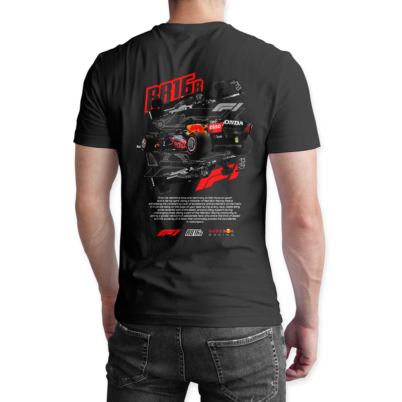 Playera negra algodón cuello redondo, coches clásicos de carreras, diseño RB16