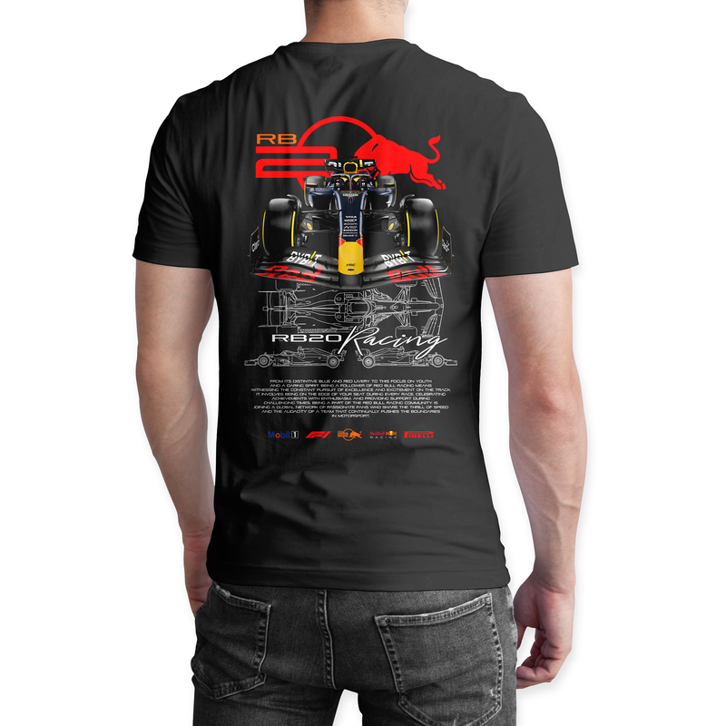 Playera negra algodón cuello redondo, coches clásicos de carreras, diseño RB20 Racing