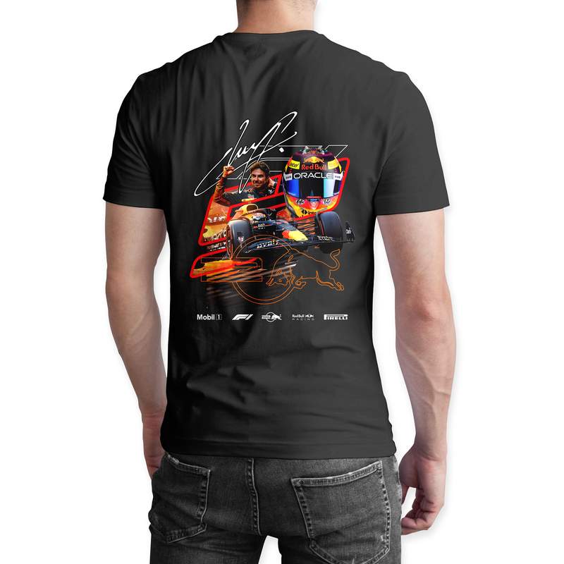 Playera negra algodón cuello redondo, coches clásicos de carreras, diseño RB 20 Checo