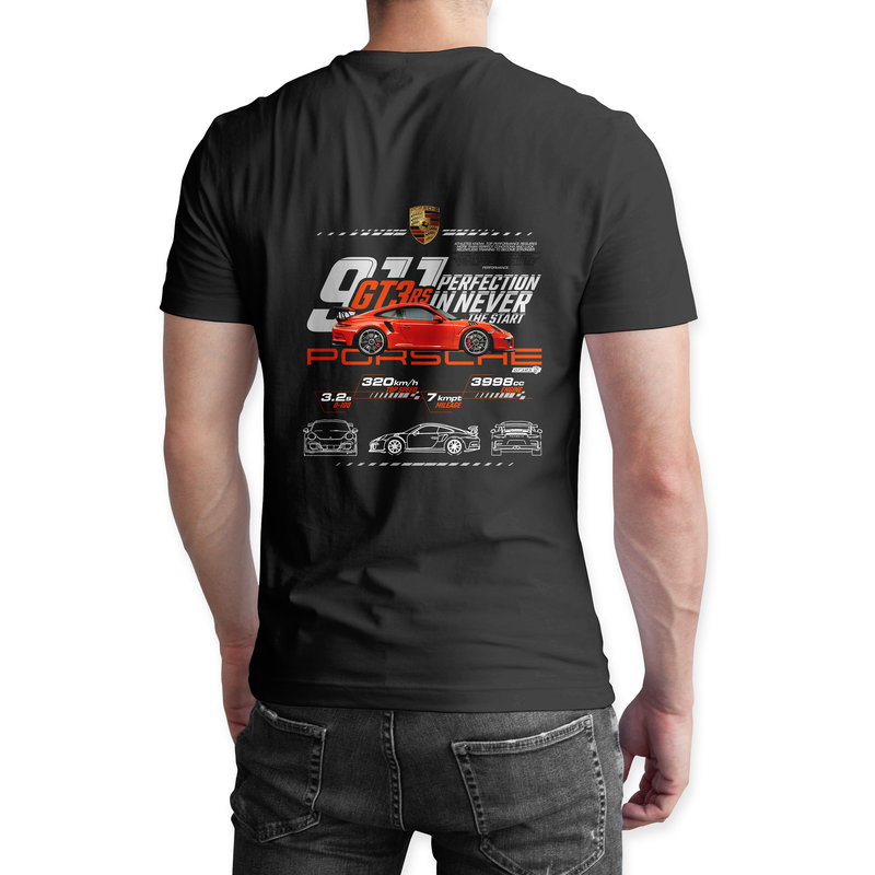 Playera negra algodón cuello redondo, coches clásicos de carreras, diseño 911 GT3